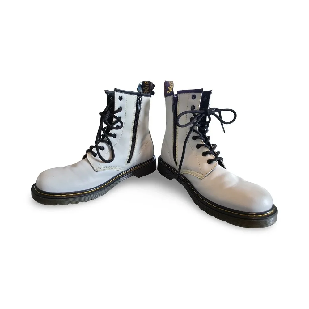 Dr. Martens 1460 Y White Leather Boots Youth Size 5 Women 6 Side Zip‎ Combat Doc